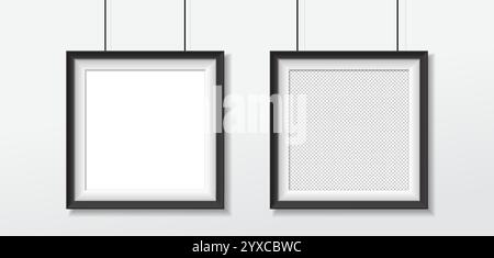 Cornici bianche e nere con ombra morbida appesa alla parete bianca per testo o immagini. Illustrazione Vettoriale