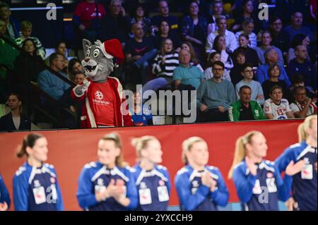 Vienna, Austria. 15 dicembre 2024. VIENNA, AUSTRIA - 15 DICEMBRE: Conquista la mascotte durante la finale di gara femminile EHF EURO 2024 tra Danimarca e Norvegia a Wiener Stadthalle il 15 dicembre 2024 a Vienna, Austria.241215 SEPA 38 019 - 20241215 PD7547 credito: APA-PictureDesk/Alamy Live News Foto Stock