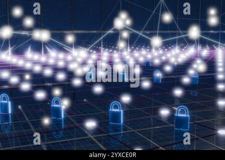 Panorama digitale astratto con nodi luminosi e blocchi che rappresentano temi di sicurezza informatica. rendering 3d. Foto Stock