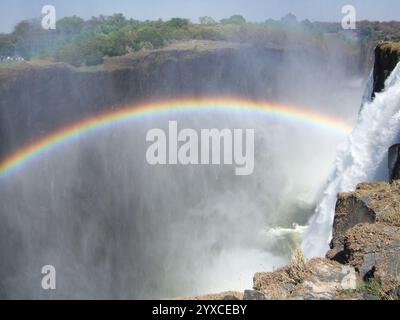 Arcobaleno in spruzzo d'acqua che si affaccia sul bordo delle Cascate Vittoria, dell'Isola di Livingstone, dello Zambia, Africa Foto Stock