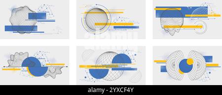 Composizioni sferiche. Design moderno di banner a globo 3D con wireframe geometrici, linee dinamiche e forme sferiche. Dati futuristici astratti innovativi Illustrazione Vettoriale