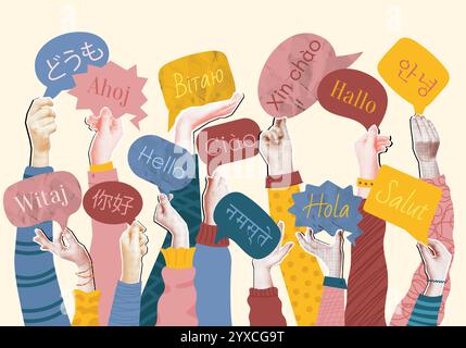 Collage linguistico internazionale. Scuola di lingue, media misti, mezzi di comunicazione, folle di mani alzate che tengono bolle di discorso con saluti multipli Illustrazione Vettoriale