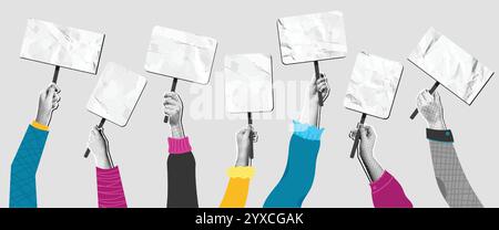 Mani con collage di cartelli vuoti. Bracci mezzitoni per supporti misti che sollevano cartelli vuoti con effetto carta deformata. Unità comunitaria e protesta sociale Illustrazione Vettoriale