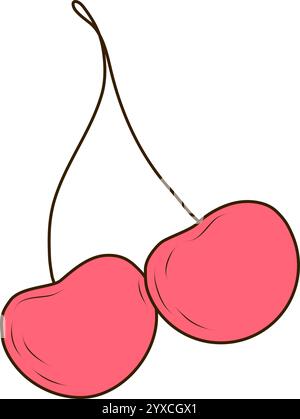 Ciliegie vivaci. Illustrazione vettoriale in stile piatto e cartone animato. Ideale per modelli per bambini, design di confezioni alimentari, tessuti, carte per bambini Illustrazione Vettoriale