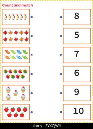 Foglio di lavoro matematico per il conteggio e la corrispondenza per i principianti Illustrazione Vettoriale