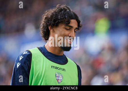 Valencia, Spagna. 15 dicembre 2024. VALENCIA, SPAGNA - 14 DICEMBRE: Fabricio Santos centroattaccante del Levante UD reagisce durante la partita della Liga Hypermotion tra Levante UD e Cordoba CF allo stadio Ciutat de Valencia il 14 dicembre 2024 a Valencia, Spagna. (Foto di Jose Torres/Photo Players Images/Magara Press) credito: Magara Press SL/Alamy Live News Foto Stock