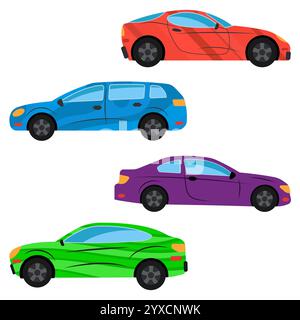 Un set di quattro auto dipinte in colori diversi. Illustrazione vettoriale Illustrazione Vettoriale