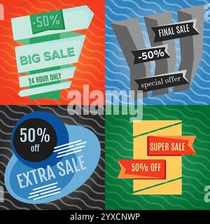 Set di quattro banne vettoriali di vendita con elementi di design colorati. Illustrazione vettoriale. Illustrazione Vettoriale
