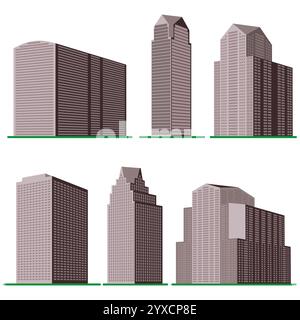 Si compone di sei alti e moderni edifici su sfondo bianco. Vista dell'edificio dal basso. Illustrazione vettoriale isometrica. Illustrazione Vettoriale
