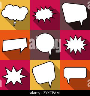 Set di nove fumetti fumettistici fumettistici con fumetti in stile piatto. Elementi dei fumetti di design senza frasi. Illustrazione vettoriale Illustrazione Vettoriale
