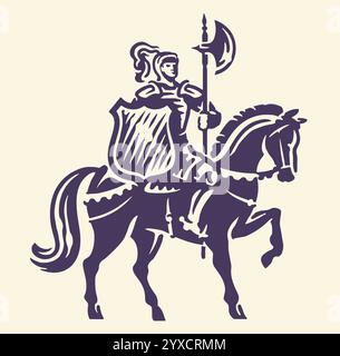 Cavaliere armato in armatura a cavallo. Guerriero reale medievale disegnato a mano, illustrazione vettoriale Illustrazione Vettoriale