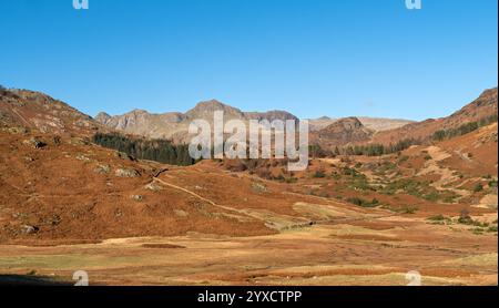 La catena montuosa di Langdale Pikes, vista dalla valle di Little Langdale in autunno, English Lake District, Cumbria, Inghilterra, Regno Unito Foto Stock