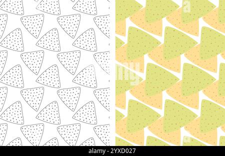 Contorno, nachos di mais e spinaci motivi senza cuciture insieme a 2 idee di sfondo per la carta da parati del fast food messicano. Sfondo di illustrazioni vettoriali isolate, carta a avvolgimento o tematica, opuscolo, tag o banner promozionale Web Illustrazione Vettoriale