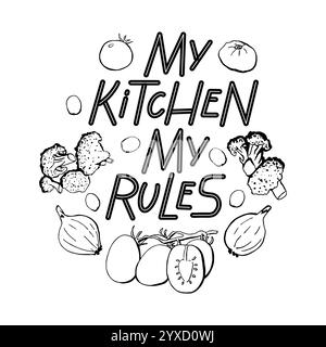 Citazione in cucina con illustrazione degli ingredienti alimentari con pomodori, cipolle, olive, broccoli. Vettore di testo nero Cook per banner, poster e volantino Illustrazione Vettoriale