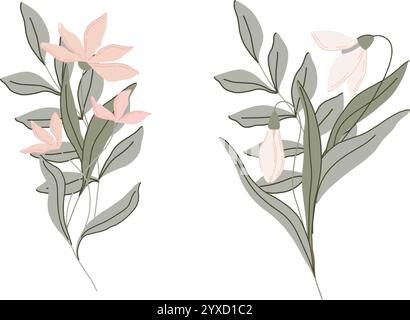 Illustrazione botanica piatta disegnata a mano dal design minimalista con fiori rosa vettoriale e gocce di neve, foglie verdi morbide. eleganti colori pastello per la stampa Illustrazione Vettoriale