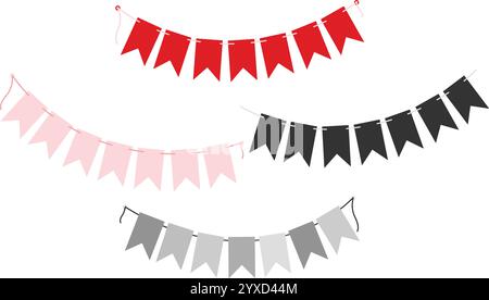 Le festose garlande dei Pennant sono colorate in rosso, rosa e scala di grigi. Impostare 4 elementi di design di saluto. Illustrazione vettoriale isolata schede tematiche, pubblicazione, promozione blog o Web, banner, etichette, prezzo Illustrazione Vettoriale
