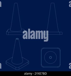 Coni di traffico vettoriale del contorno. Serie di coni stradali isolati su sfondo blu. Segnali stradali. Illustrazione Vettoriale