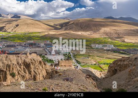 Vista su Sakya e la fioritura dei semi di colza nel Tibet centrale, cielo al tramonto con spazio copia Foto Stock