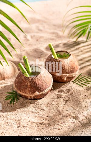 Pinacolada gustosa e fresca in cocco sulla spiaggia sabbiosa. Vacanze su una spiaggia paradisiaca. Foto Stock