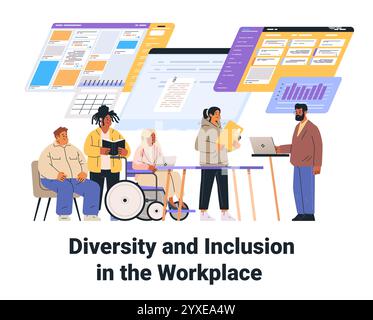 Collaborazione eterogenea tra i team sul luogo di lavoro con tecnologia dispositivi digitali grafici e documenti ambienti d'ufficio, compreso il lavoro di squadra attività moderne Illustrazione Vettoriale