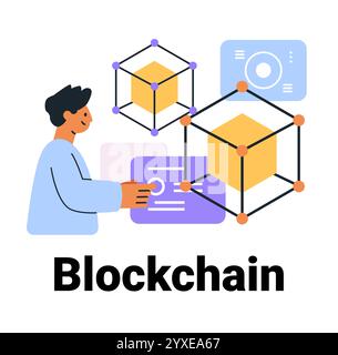 Concetto di tecnologia Blockchain con cubi digitali che interagiscono con la persona elementi di design futuristici forme geometriche colorate banner del sito Web Illustrazione Vettoriale