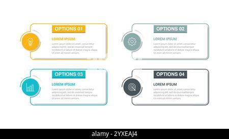 Infografiche aziendali. Sequenza temporale con 4 fasi, opzioni, quadrati. Modello vettoriale. Illustrazione Vettoriale