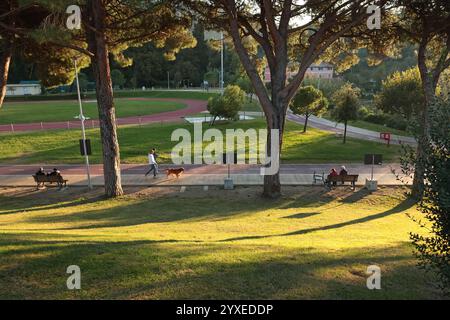 Sestri Levante, Italia - 10 novembre 2024. Le persone con animali camminano, si rilassano nel parco. Pini e salute. Foto Stock