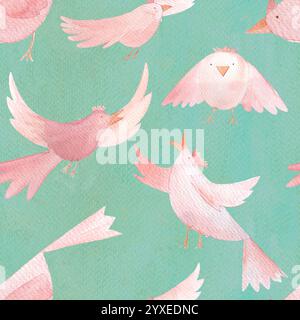 Uccelli rosa che volano, cantano, guardano, personaggio dei cartoni animati, acquerello dipinto a mano con motivo senza cuciture su sfondo di menta. Clip art di alta qualità ideali per Foto Stock