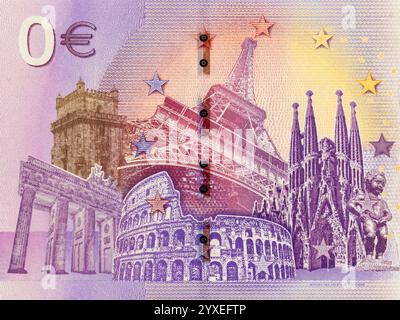 Ritratto di sei monumenti europei, la porta di Brandeburgo di Berlino, la Torre di Belém, la Torre Eiffel di Parigi, il Colosseo di Roma, Sagrada Familia di Barcellona. Bruxelles Foto Stock