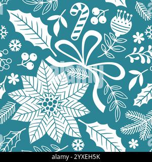 Motivo natalizio senza cuciture con foglie e puntette, rami di alberi di Natale, bacche rosse e fiori su sfondo bianco. Disegno a mano vettoriale Illustrazione Vettoriale