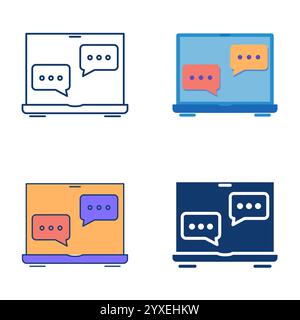 Icona della chat online sul computer portatile impostata in stile piatto e lineare. Illustrazione vettoriale Illustrazione Vettoriale