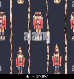 Fantasia senza cuciture dello Schiaccianoci, soldato giocattolo in legno. Acquerello vintage tradizione albero di Natale ornamento retrò. Illustrazione disegnata a mano per le feste Foto Stock