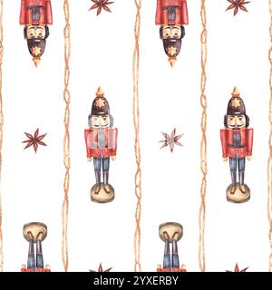 Lo Schiaccianoci Toy vintage senza cuciture con strisce di corda verticali e stelle di anice. Soldato di legno natalizio invernale, ornamento tradizionale. Acquerello Foto Stock