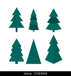Icone della struttura dei pini. Forme di Natale verdi. Simboli della foresta Evergreen. Progettazione geometrica ad albero. Illustrazione Vettoriale