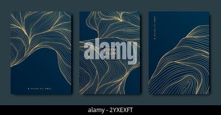 Set vettoriale di onde in stile art deco astratto, copertine di lusso dorate, etichette, carte premium. Curve nuvole, foglie, carte forma fiume, sfondi. Illustrazione Vettoriale