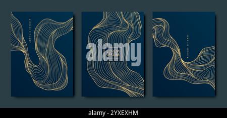 Set vettoriale di onde in stile art deco astratto, copertine di lusso dorate, etichette, carte premium. Curve nuvole, foglie, carte forma fiume, sfondi. Illustrazione Vettoriale