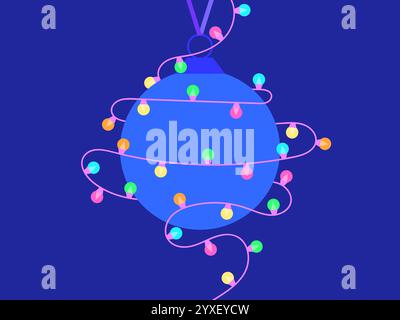 Ghirlanda di lampadine multicolore che avvolgono un albero di Natale sospeso. Appendere decorazioni sull'albero di Natale. Design festivo per inviti Illustrazione Vettoriale