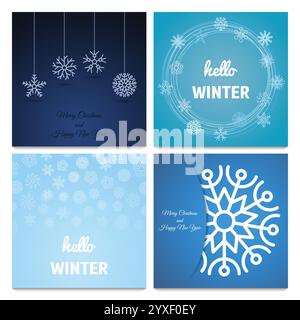 Set di quattro sfondi invernali e natalizi con fiocco di neve . Illustrazione vettoriale. Illustrazione Vettoriale