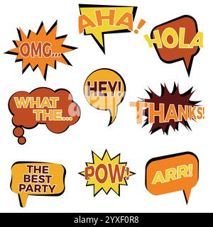 Set di nove fumetti fumettistici fumettistici con fumetti in stile piatto. Elementi dei fumetti di design con frasi diverse. Illustrazione vettoriale Illustrazione Vettoriale