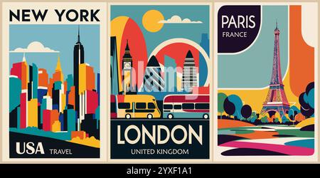 Set di poster delle destinazioni di viaggio in stile retrò Illustrazione Vettoriale