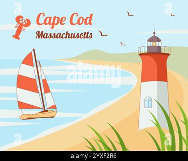 Penisola di Cape Cod sull'Oceano Atlantico, Massachusetts, Stati Uniti. Paesaggio marittimo con aragosta, faro, spiaggia e barca a vela. Foto Stock