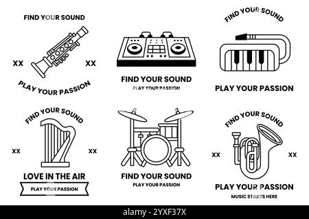 Set di illustrazioni nel concetto di negozio di strumenti musicali in stile illustrazione di linea Illustrazione Vettoriale