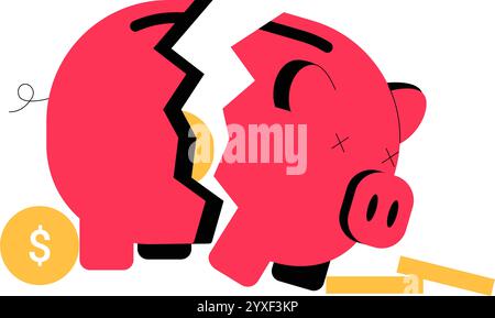 Broken Piggy Bank in Flat Vector Illustration simboleggia la perdita finanziaria, la crisi dei risparmi e il fallimento, isolato su sfondo bianco Illustrazione Vettoriale