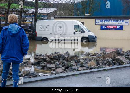 Donna che guarda gli effetti devastanti della tempesta Desmond con la vista di un furgone parzialmente sommerso e del muro collassato. Foto Stock