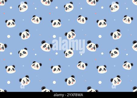Un modello ripetuto di simpatici volti di panda dei cartoni animati su uno sfondo azzurro con piccoli puntini. Illustrazione Vettoriale
