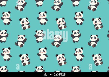 Un motivo ripetuto con più rappresentazioni di simpatici panda in varie pose giocose su uno sfondo color ottanio. Illustrazione Vettoriale