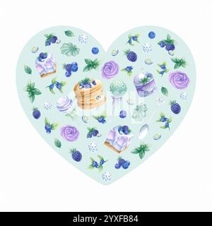 Composizione a forma di cuore con pancake, torte, mirtillo, mora, marshmallow nei colori viola e verde. Disegna a mano un'illustrazione isolata ad acquerello per un romantico biglietto di auguri di San Valentino. Foto Stock