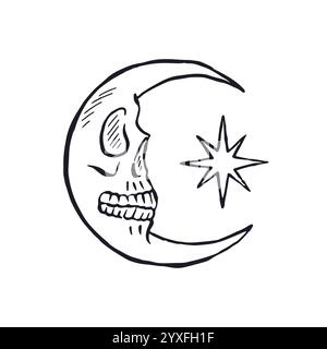 Luna crescente disegnata a mano con faccia cranica e stella isolata su sfondo bianco Illustrazione Vettoriale