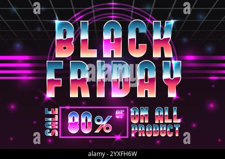 Poster con caratteri cromati. Sconto del Black Friday. Banner di vendita con lettere e numeri del gioco arcade degli anni '80. Design a onde retrò. Effetto lucido metallizzato. Scintilla da discoteca Illustrazione Vettoriale