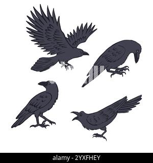 Corvi o corvi disegnati a mano in stile schizzo, isolati su sfondo bianco Illustrazione Vettoriale